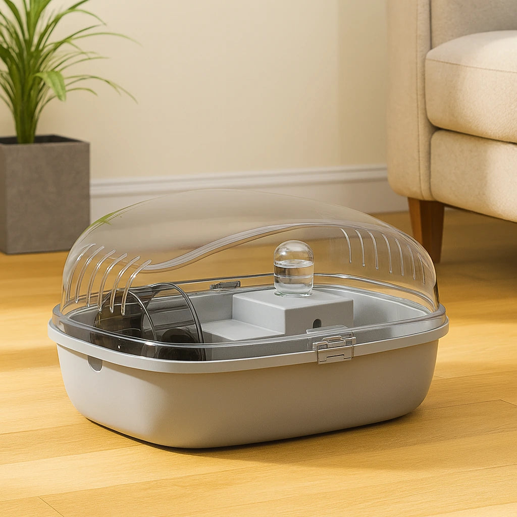 Transparent hamsterbur med löphjul och tillbehör