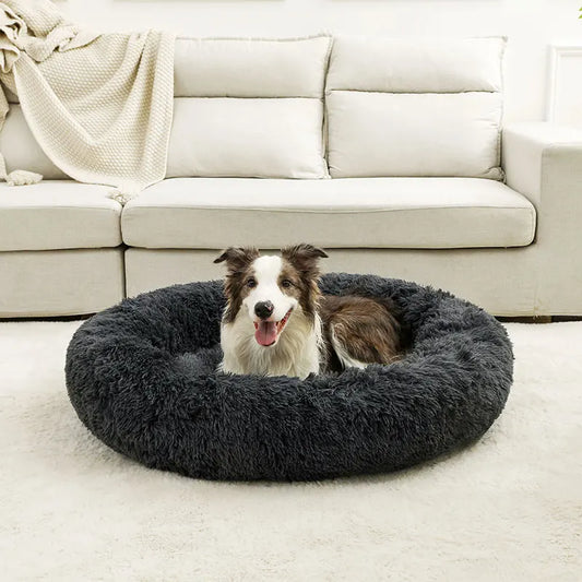 Fluffig Rund Hundbädd i Plysch – Mjuk Donutbädd för Hund